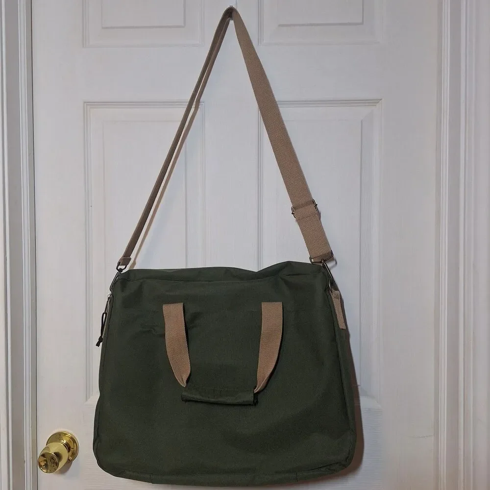Totes Green Tan Canvas Laptop Swing Bag Travel Work Business Crossbody Strap